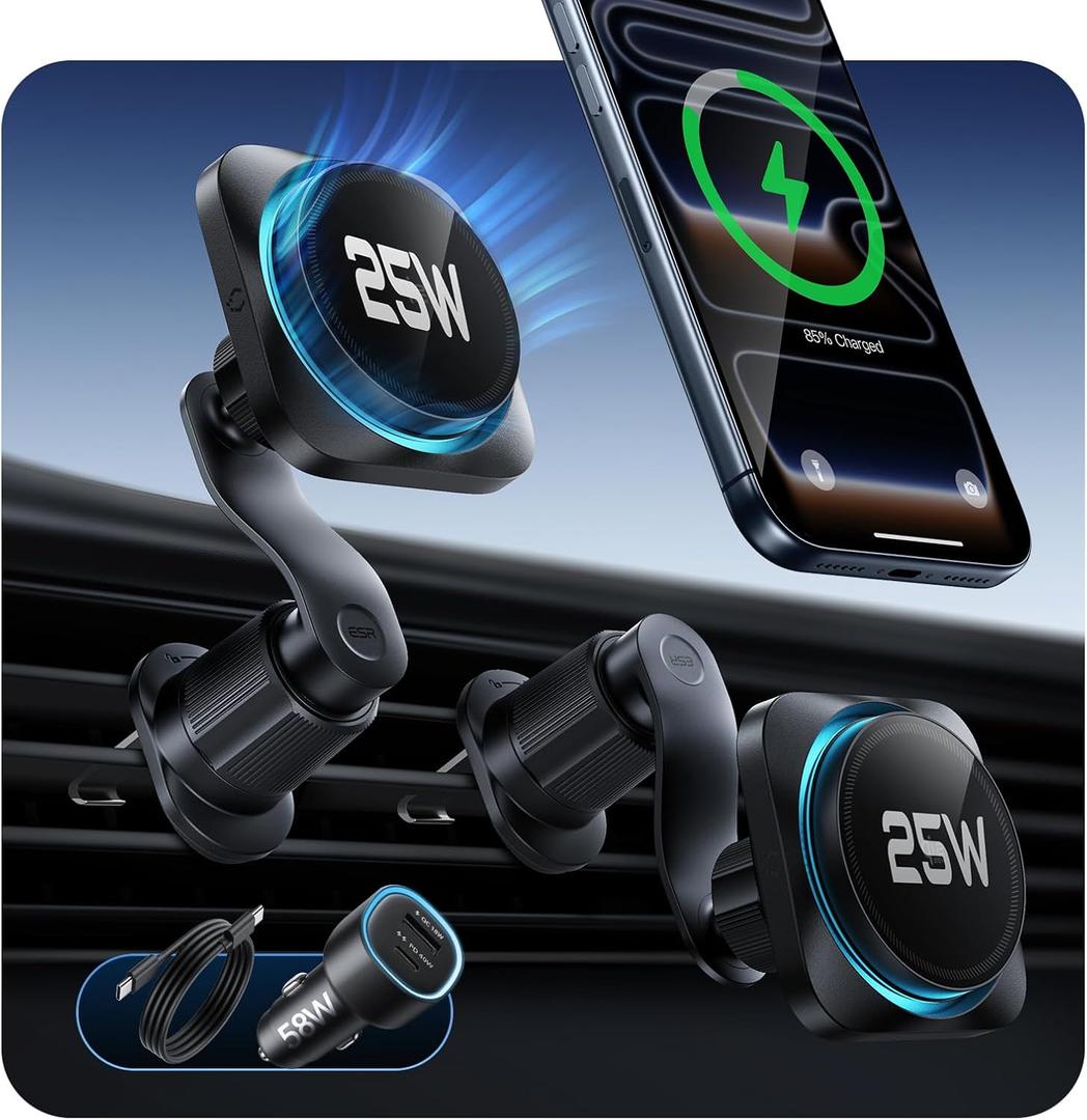 ESR OmniLock Qi2.2 Certified 25W MagSafe Car Mount Charger with CryoBoost, Phone Cooling MagSafe Car Charger, 360 Rotatable, Air Vent Magnetic Car Phone Holder for iPhone 17/16 with iOS 26, Black