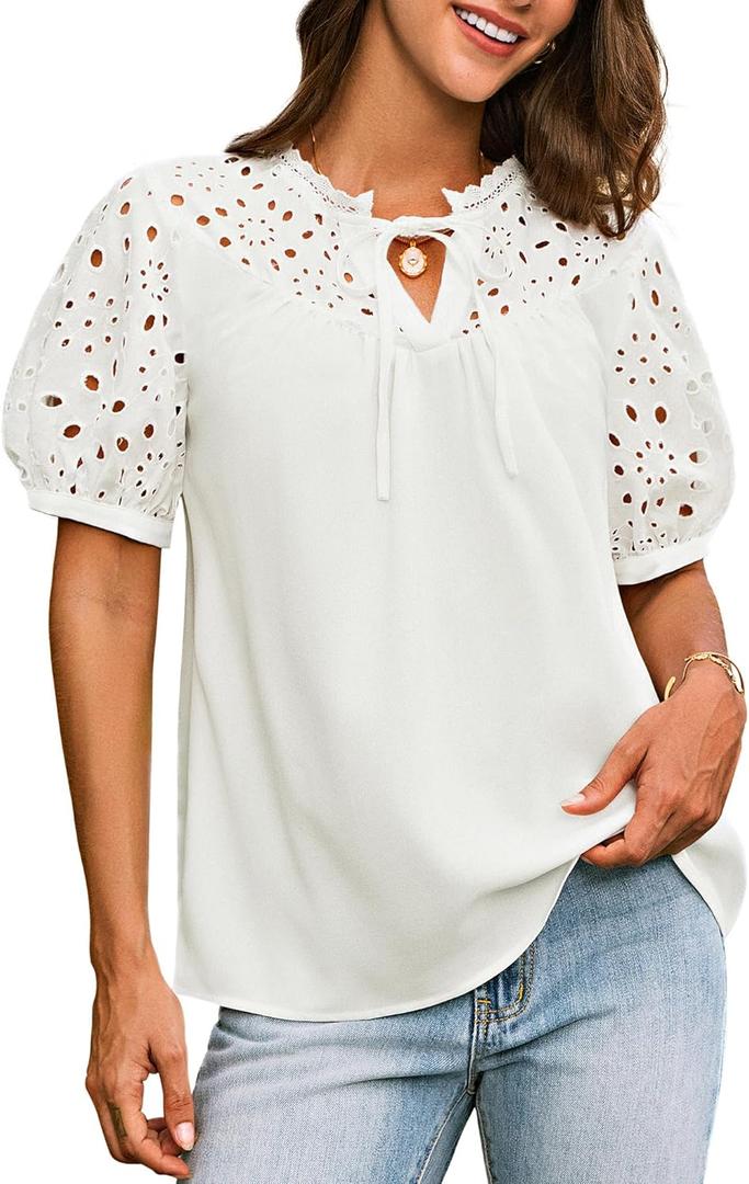 Dressy Tops for Women V Neck Puff Sleeve Hollow Out Eyelet Embroidered Shirts Business Blouse White XL Dressy Tops for Women V Neck Puff Sleeve Hollow Out Eyelet Embroidered Shirts Business Blouse White XL