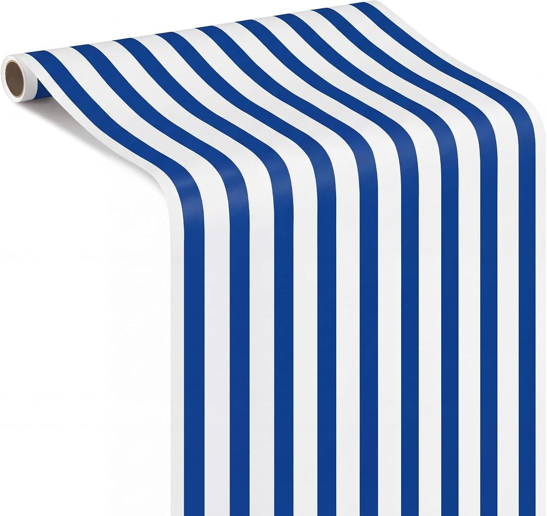 AmazingSpark Navy Blue Striped Table Runner Roll - 50' Long X 16" Wide Disposable Paper Cabana Striped Table Runner for Birthday Wedding Carnival Christmas Party Kitchen Dining Tabletop Decoration