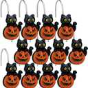 Halloween Shower Curtain Hooks Set of 12  Black Cat on Pumpkin Design  Durable Resin Bathroom Decor Hooks for Halloween Party, Kids & Holiday Theme