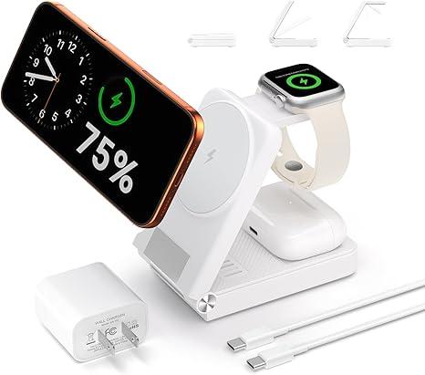 3 in 1 Charging Station, 25W Foldable Magnetic Fast Wireless Charger Stand for Apple Multiple Devices, Travel Charger for iPhone 17 16 15 14 13 12 Series Watch AirPods 4/3/2/Pro