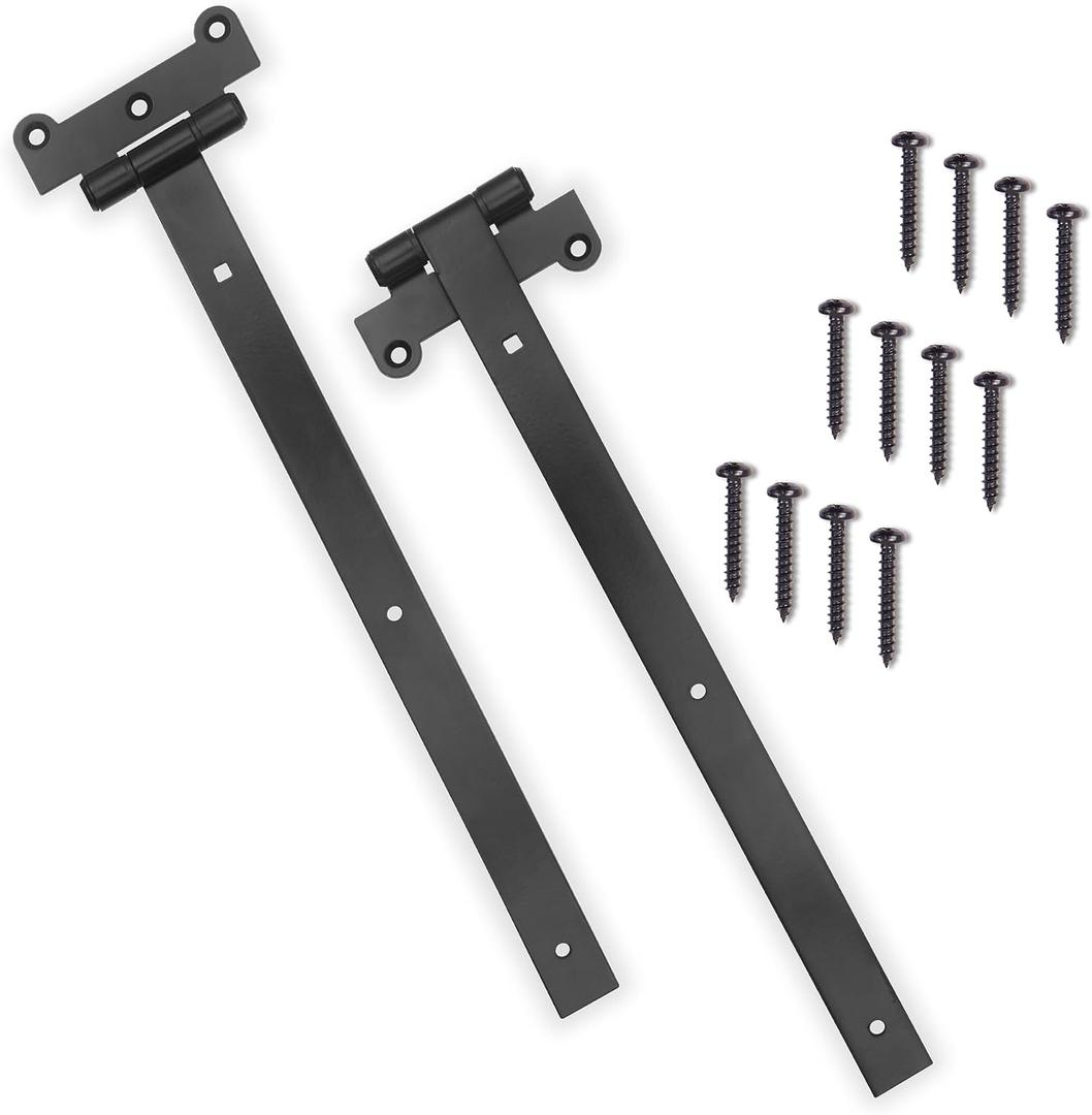 Home Improvement Door Hinges – Pack of 2 18-Inch Matte Black Hinges – 4mm Thick Barn Door Hinges Include 12 Black Coated Mounting Screws – Heavy Duty Iron Gate Hinge