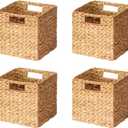 SpaceAid 4 Pack Wicker Basket, Storage Baskets for Organizing, Woven Rattan Basket with Handles for Shelves, Water Hyacinth Large Cube Organizer Storage Bin, 10.5x10.5x10.5 inch, Natural