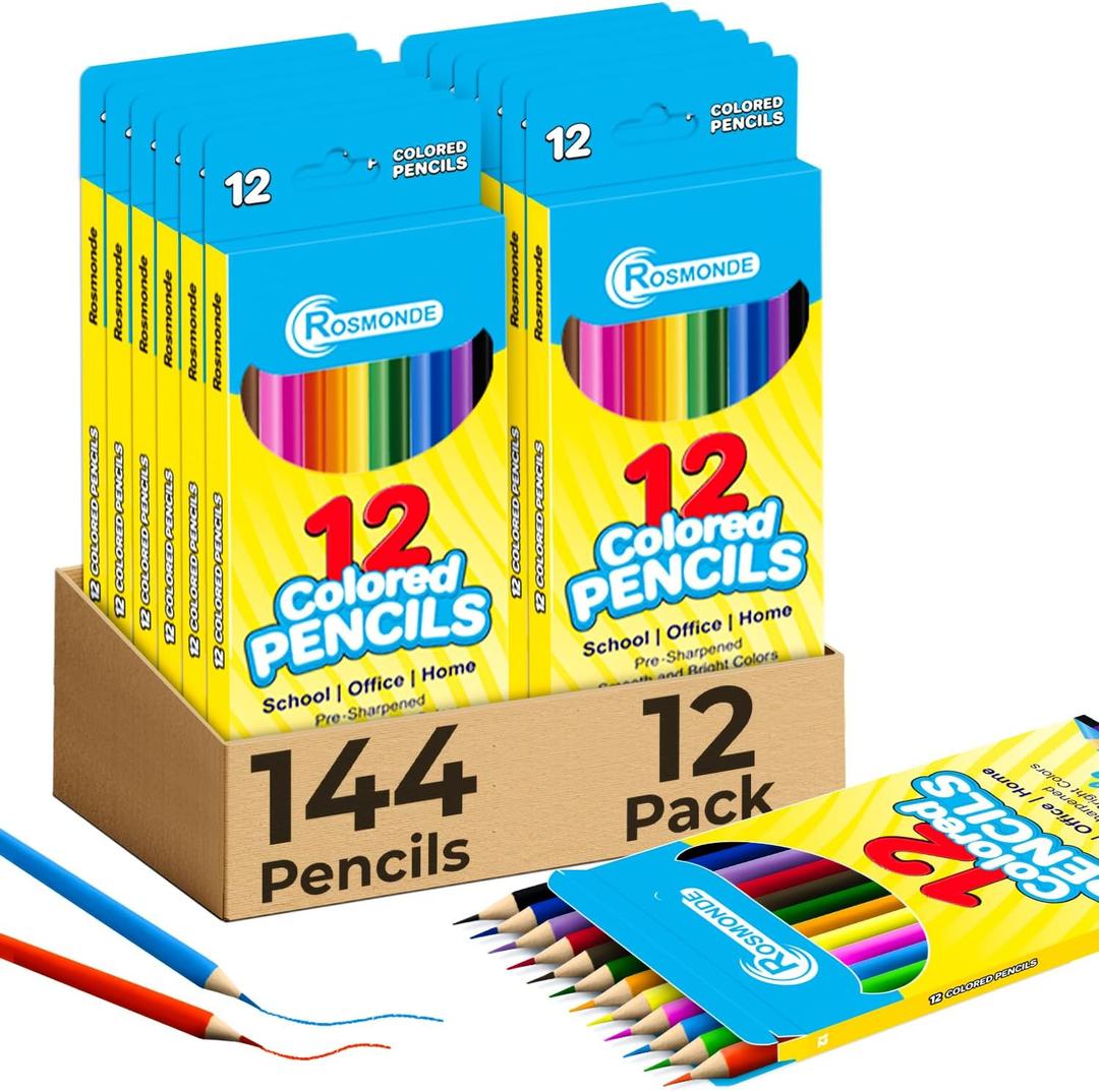 Rosmonde 12 Pack Colored Pencils (144 Count), Assorted Pre Sharpened Colors Set, Easy Hold Grip, Classroom Art Supplies, Bulk Coloring Set for Schools, Teachers, Drawing & Creative Projects
