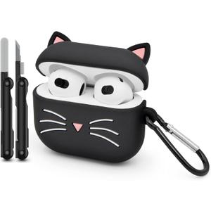 Whisker Cat Case for AirPods 3, Kitty AirPods 3rd Generation (2021) Case, with Cleaner Kit Animals 3D Cartoon Kitten Shaped Shockproof Silicone Charging Cases with Carabiner