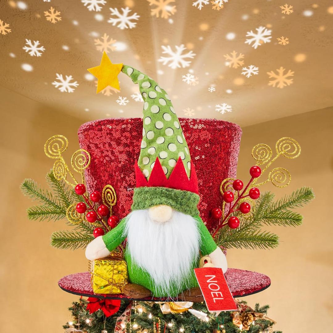 Red Christmas Tree Topper Hat Lighted 3D Christmas Projector Rotating Snowflake Projector LED Lights Green Santa Gnome Tree Topper Hat Christmas Tree Decoration Top Hat Ornaments Xmas Home Party Decor