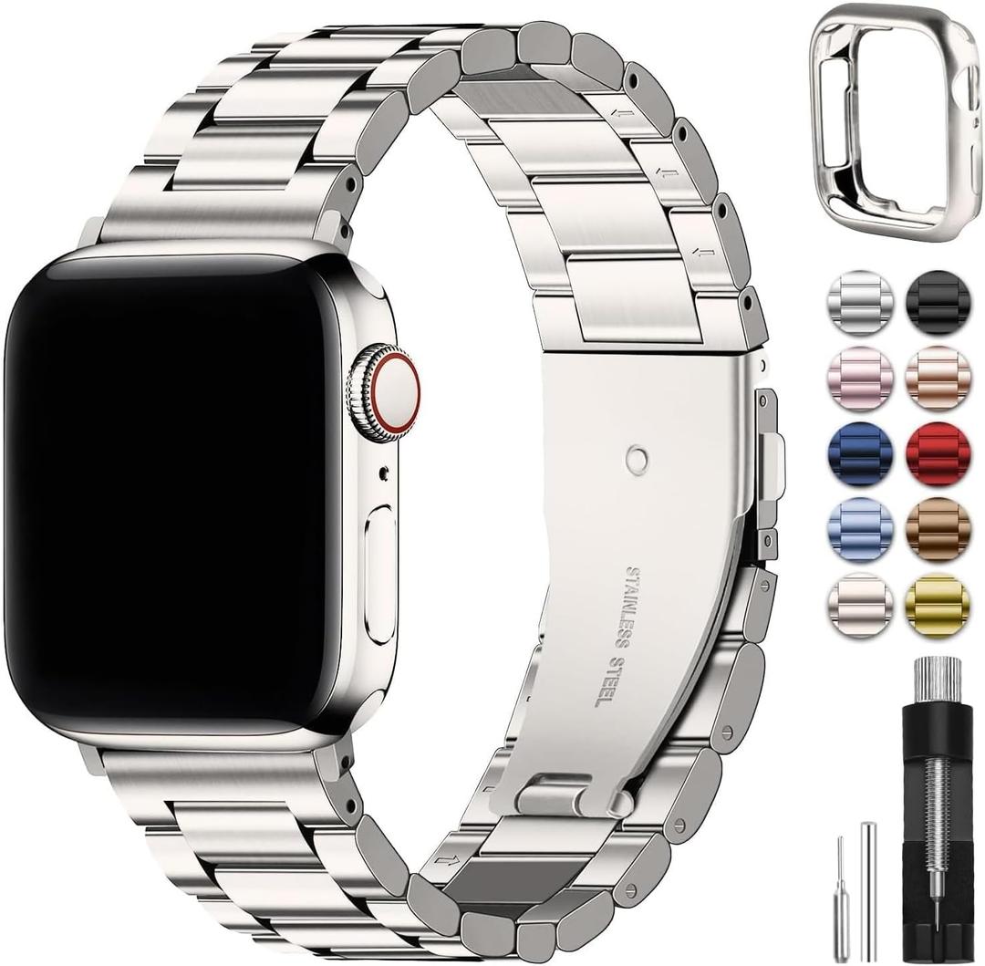 Fullmosa Metal Band Compatible with Apple Watch Bands 41mm 40mm 38mm, iWatch Band with Case for Apple Watch Series 9 8 7 6 5 4 3 2 1 SE3/2/1, Starlight