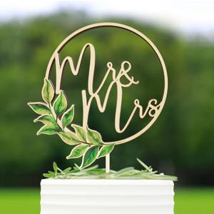 Handcrafted Mr & Mrs Cake Topper Wood Greeny Wedding Cake Decorations - Rustic Bride and Groom Cake Toppers for Engagement, Anniversary, Bridal Shower - Eco-Friendly Just Married Sign