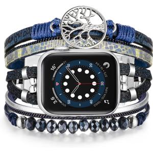 Boho Bands for Women Compatible for Apple Watch 38mm 40mm 41mm 42mm, Watch Bands Bracelet Multilayer Wrap Strap iWatch Series 10 (Blue)