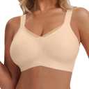 Women's Wireless Bras Full Coverage V Mesh Padded Bralette No Underwire Seamless Comfortable Everyday Bra (Beige, L)