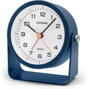 Lamisola 3.5 Inch Small Desk Alarm Clock, Battery Operated Analog Silent Clock with Night Light, Retro Vintage Metal Bedside Clock for Bedroom, Office, Bathroom, Dorm, Shelf, Table -Navy Blue