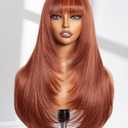 GORGIUS Copper Red Wig with Bangs 24 Inch Long Straight Layered Wig Glueless Curtain Bang Wigs with Realistic Lace Scalp Put On & Go Bangs Wig For Beginner