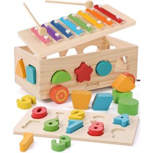 Shape Sorter - Wooden Xylophone and Montessori Number Puzzle Set for Babies - Educational Sorting Game with Storage Car for Toddlers