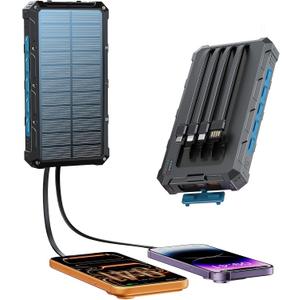 Solar-Charger-Power-Bank - 20000mah Solar Powered Battery Charger Cell Phone,20W Fast Charging Built in Cables,Camping Essentials Portable External Battery Pack Compatible with Multiple Devices