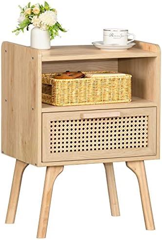 Amazon.com: Lerliuo Rattan Nightstand, Boho Side Table with Drawer Open Shelf, Cane Accent Bedside End Table with Solid Wood Legs for Bedroom, Dorm and Small Spaces (Natural) : Home & Kitchen