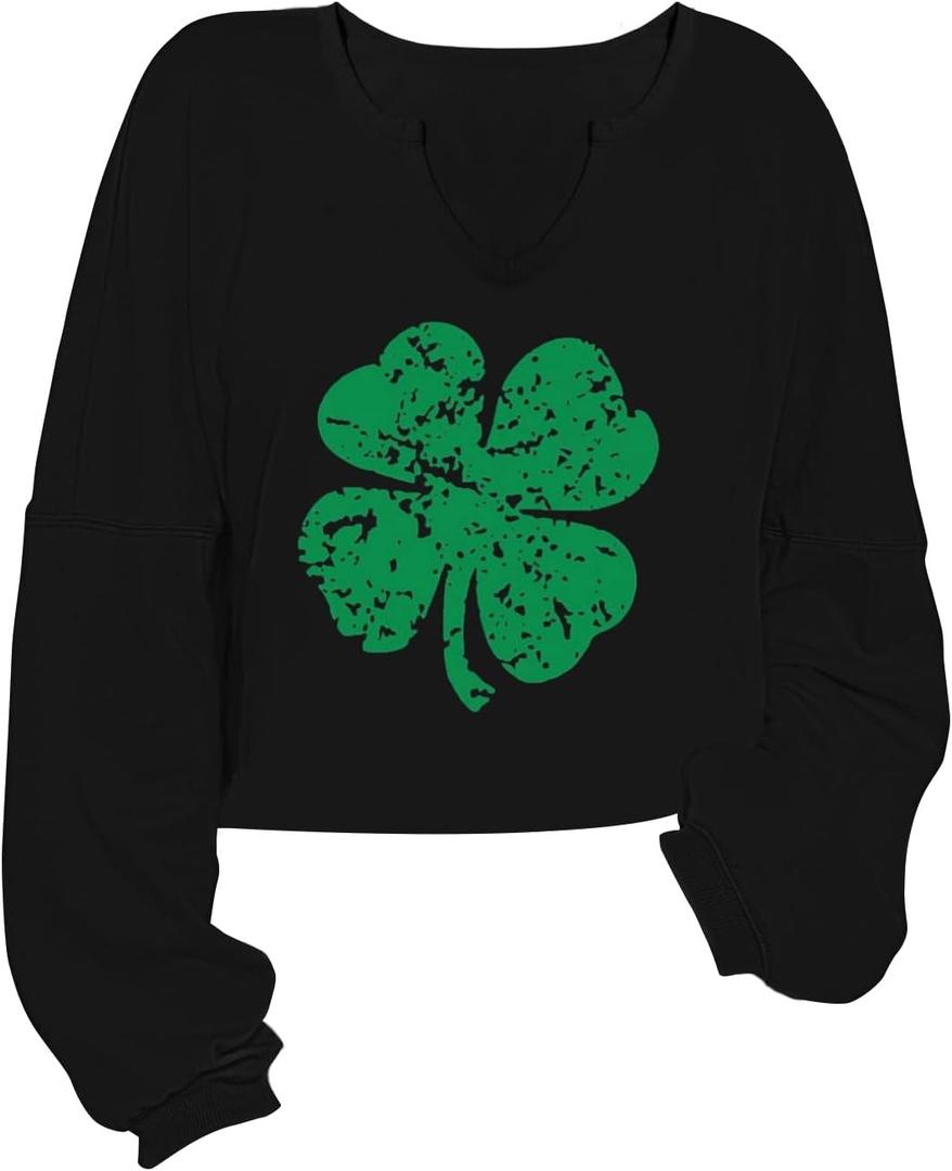 Women's St. Patrick's Day Sweatshirts Long Sleeve Crop Cute Shamrock Clover V Neck Shirts Graphic Tops(Black, XL)