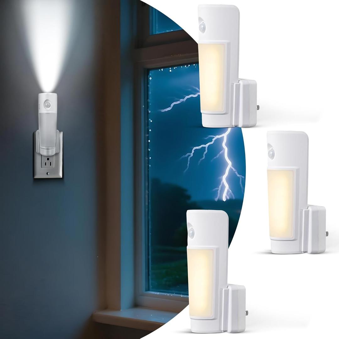 Enhon 3 Pack 4 in 1 Emergency Lights for Home Power Failure, Rechargeable LED Flashlight Plug in Wall, Automatic Turn On Power Outage Night Light with Motion Sensor for Hurricane Preparedness Items