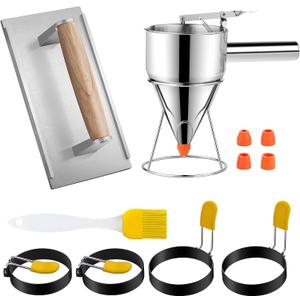 7 Pcs Griddle Breakfast Kit for Blackstone - Pancake Batter Dispenser for Griddle, Grill Press for Bacon, 4 Egg Rings/Pancake Molds, Basting Brush Compatible with Blackstone Griddles