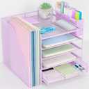 Desk Organizer, 5-Tier Paper Letter Tray Organizer with File Holder, Drawer and Pen Holder, Desktop Organizer for Office Supplies, Purple