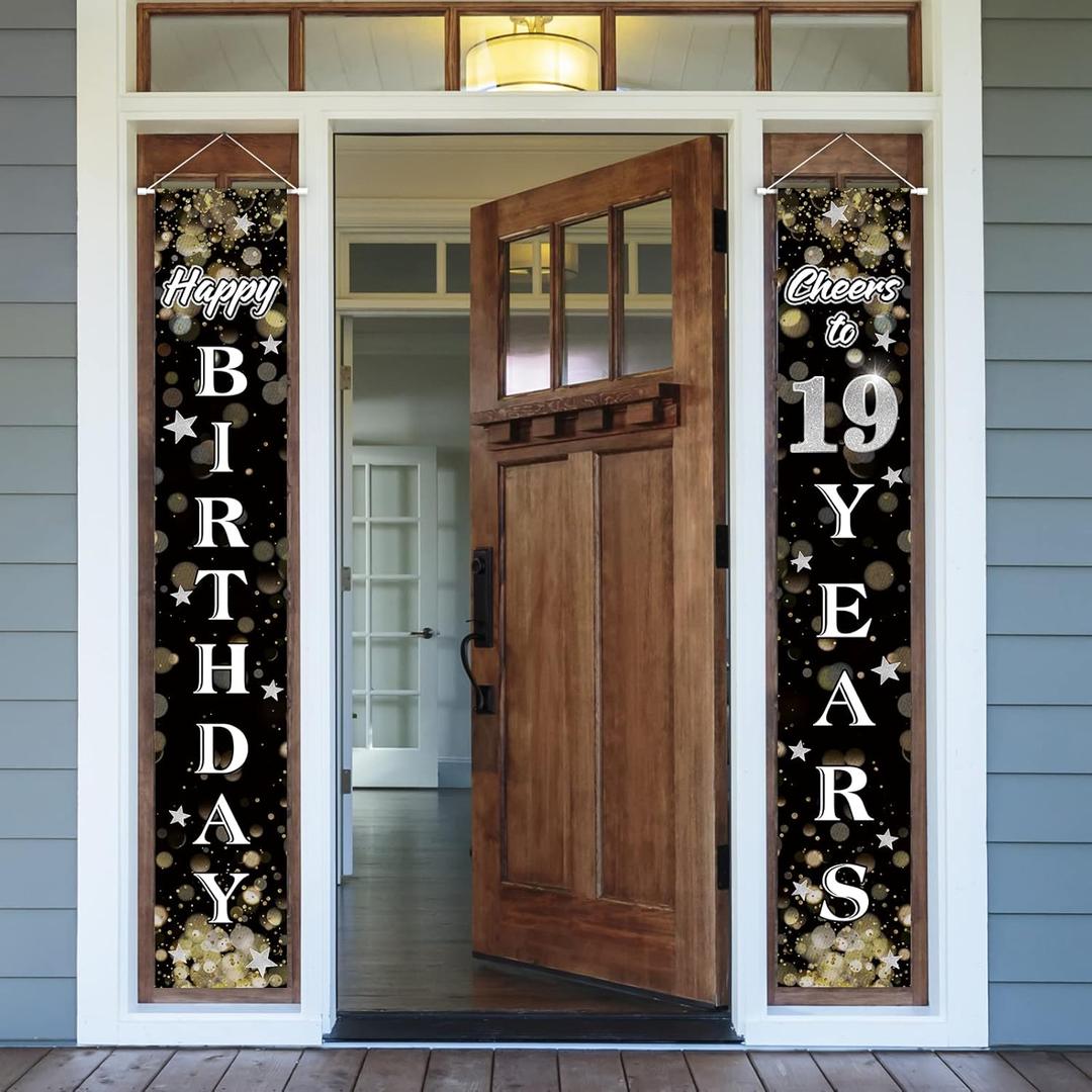 Happy 19th Birthday Decorations, 19th Black & Silver Dream Star Birthday Theme Door Hanging Banner Sign, Cheers to Nineteen Years Old Bday Party Supplies