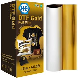 H-E DTF Foil Film 13in x 65.6ft Gold Foil DTF Transfer Film, Cold Peel Gold/Silver Foil DTF Transfer Film (G old)