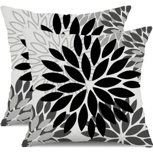 DFXSZ Black Grey Flower Pillow Covers 18x18 Inch Set of 2 White Gray Colored Throw Pillows Outdoor Waterproof Decor for Living Room Sofa Patio Funiture Garden Floral Polyester Pillow Covers 002I18
