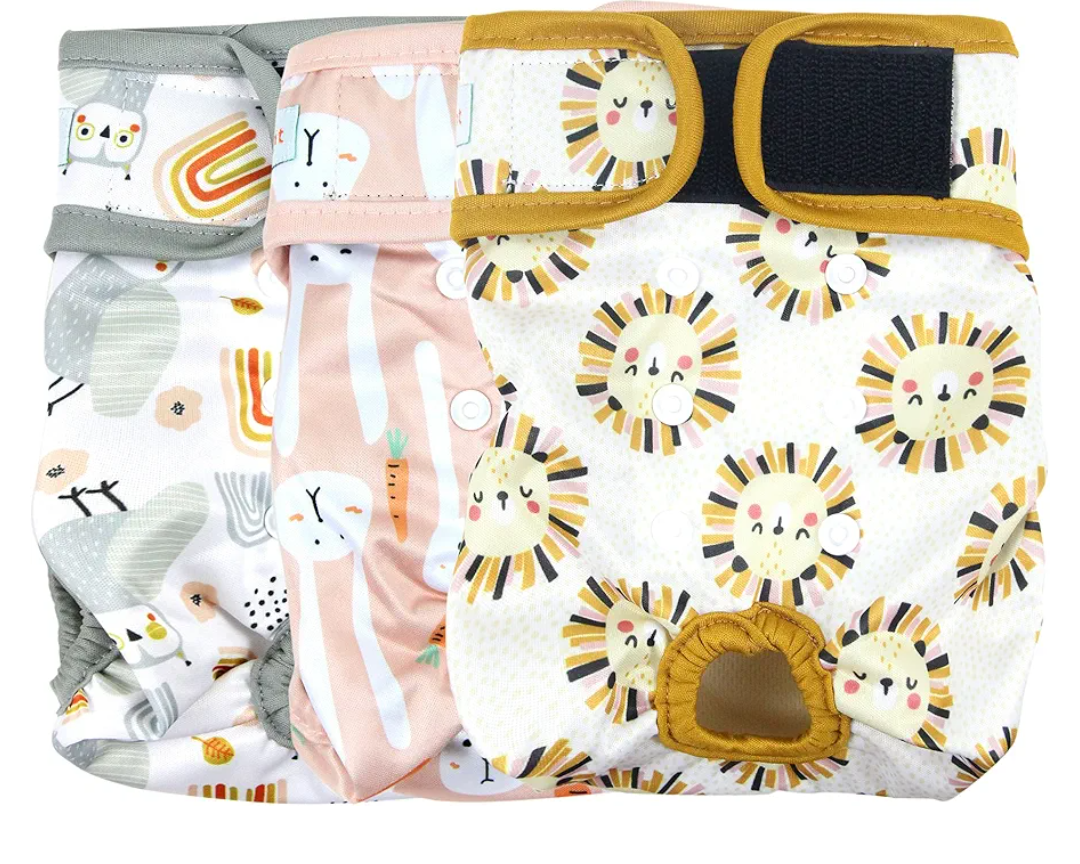 Langsprit Washable Female Dog Diapers (3 Pack)  Doggie Reusable Small Medium Large Dog Diapers for Doggy Puppy Female in Period  Highly Absorbent Dog Heat Panties (Medium,Rabbit, Owl, Lion)