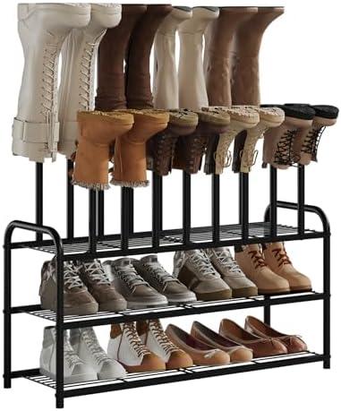 Kitsanery Shoe Rack - 3-Tier Metal Boot Rack Organizer for Entryway, Closet & Garage, Free Standing Shoe Shelf for Storage Tall Boots, Sneakers, Cowboy Boots, Black (Large - 8 Pairs)