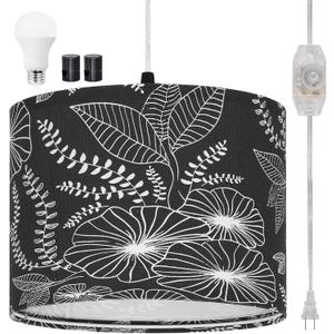 Plug in Pendant Light, Hanging Light with Plug in Cord with Dimmable Switch, Hanging Lamp with 15 ft Clear Cord, Black Pendant Light Fixture for Bedroom Kitchen Living Room
