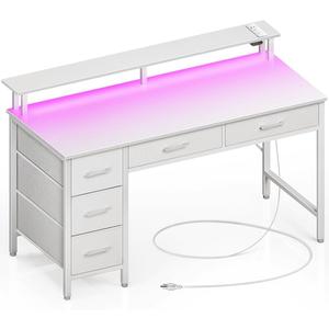 Seventable Computer Desk with Power Outlets & LED Light, 55 inch Home Office Desk with 5 Drawers, Writing Desk with Monitor Stand, Work Desk for Home Office, White