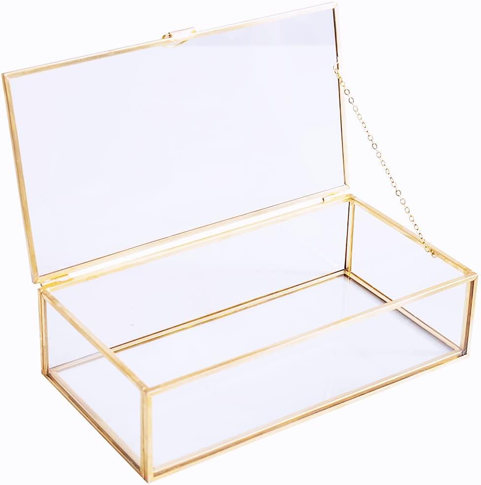 Vintage Glass Jewelry Display Box with Brass Frame - Decorative Keepsake Organizer for Home & Dresser, 8" L x 4.5" W x 2.36" H