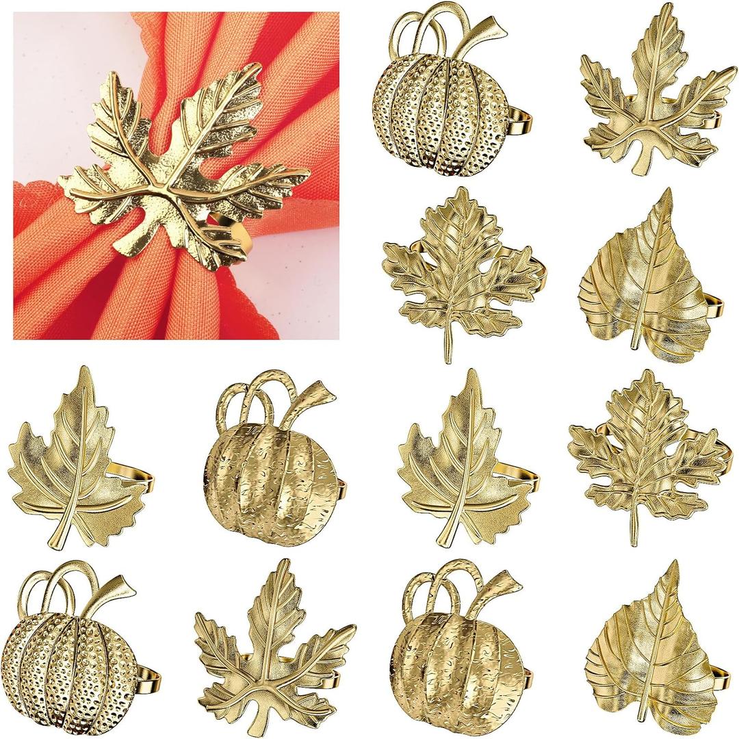 Thanksgiving Napkin Rings Set of 12 Maple Leaf Gold Fall Napkin Rings Holders Buckle Pumpkin Patterns for Thanksgiving Harvest Christmas Daily Home Party Table Decor Wedding Supplies