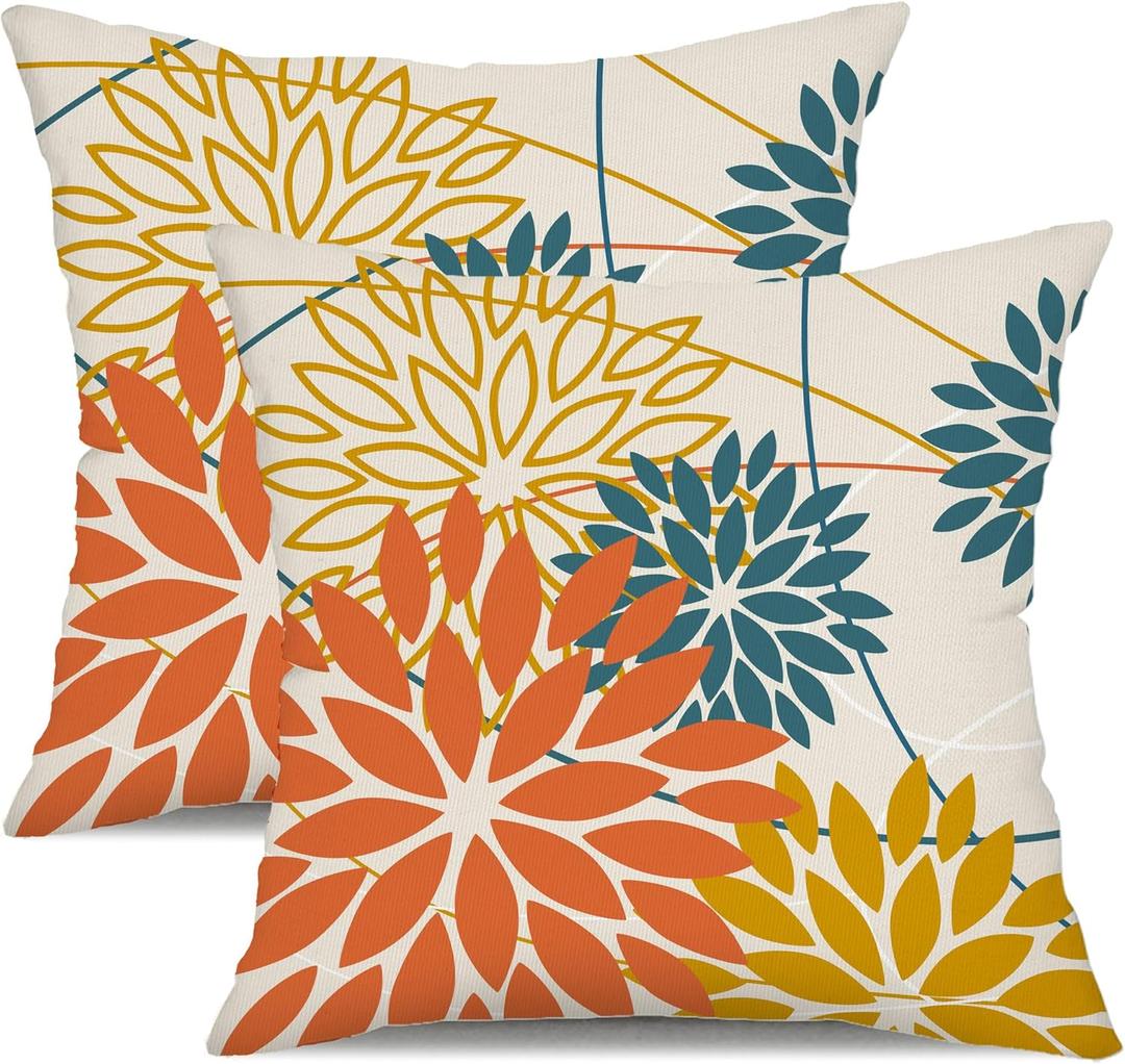 Orange and Yellow Floral Pillow Covers 18x18 Set of 2 Fall Outdoor Waterproof Decorative Throw Pillows Summer Pillowcovers Polyester Cushion Case Decor for Couch Patio Funiture Garden Porch 01Q18