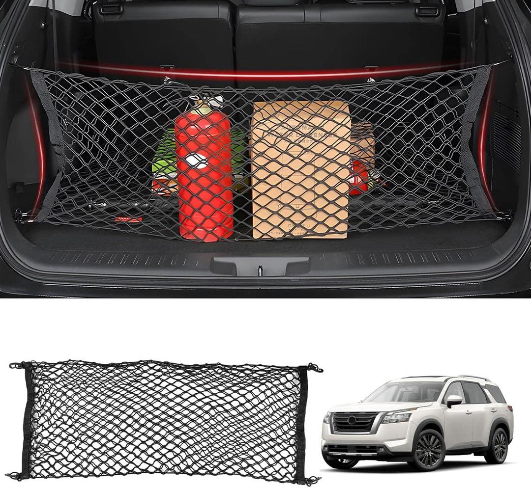 Karltys Envelope Style Cargo Net for Nissan Pathfinder 2022-2024 2025 2026, Highly Elastic Pathfinder Rear Trunk Cargo Net, Heavy Duty Nylon Mesh Storage Netting Organizer with Durable Hooks