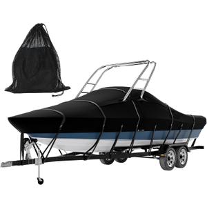 Tuszom 900D Solution Dyed 100% Waterproof Ski & Wakeboard Tower Boat Cover with 11+6 PCS Windproof Straps Fit V-Hull Runabouts OutBoards and I/O (Black, 22'-24'L, Beam Width to 116" W)