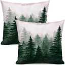 Flysea Sage Green Misty Forest Tree Throw Pillow Cover 18x18 inch Vintage Fir Plant Nature Mountain Scenery Case Outdoor Decorative Square Farmhouse Cushion Pillowcover Home Sofa Bed Couch, Set of 2