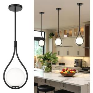 AUTELO Black Pendant Lights Kitchen Island, 1-Light Pendant Lights with Milky White Globe Glass, Modern Pendant Light Fixtures, Black Hanging Lamp for Kitchen Island H9377 MGBK
