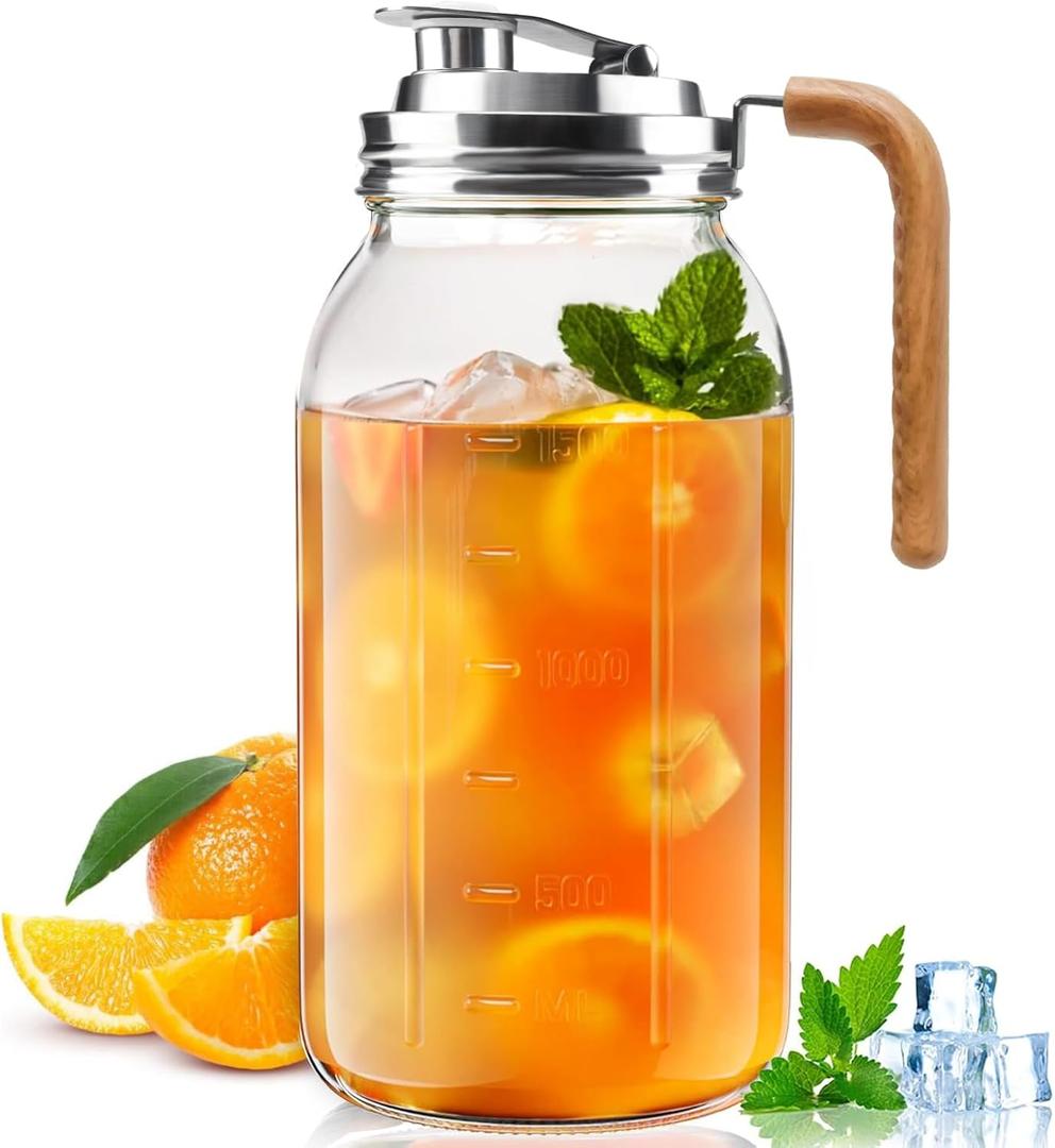 Glass Pitcher With Lid,304 Stainless Steel Lid,2 Seal Ring,64 oz(2 Quart/1.8 Liter),Mason Jar Cold Brew Water Iced Tea Brewing Breast Milk Pitcher,Sun Tea Glass Jar For Outside,Pitchers For Drinks (Brown)