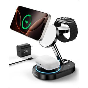 Nubeno Charging Station for iPhone 16/ 16 Pro/ 16 Pro Max, Wireless Charger for MagSafe iPhones, 3 in 1 Magnetic Charger Stand for iPhone 16/ 15/ 14/ 13/ 12 Series, Apple Watch & AirPods.(Blk)