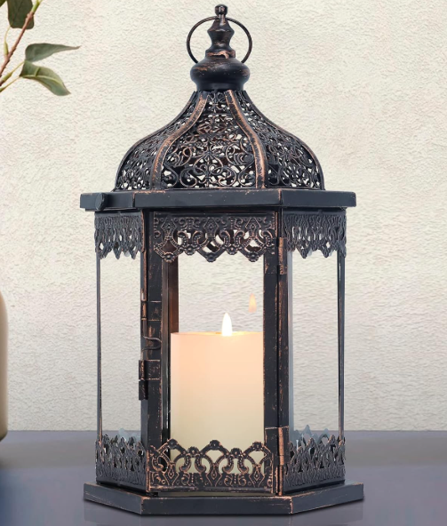 NEEDOMO Lanterns Decorative Indoor, 14.8'' Vintage Outdoor Lantern with Clear Glass, Metal Candle Holder for Front Porch, Patio, Wedding, Party, Home Kitchen Coffee Table Livinig Room Decor 