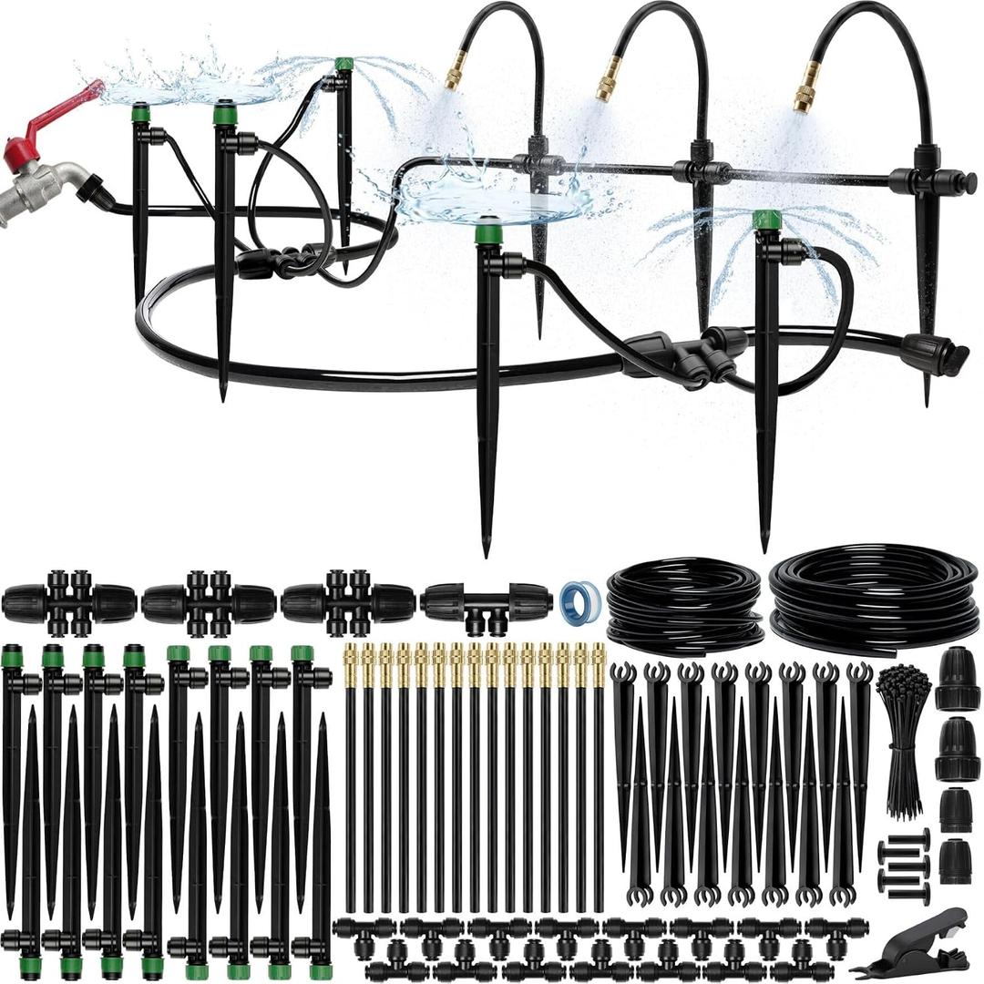 CARPATHEN 100FT Drip Irrigation System - Complete Garden Watering System w 15pcs 360 Atomizing Nozzles, 16 Adjustable Drip Emitters 5/16 and 1/4 Tubing- Constant Pressure Watering Spray System