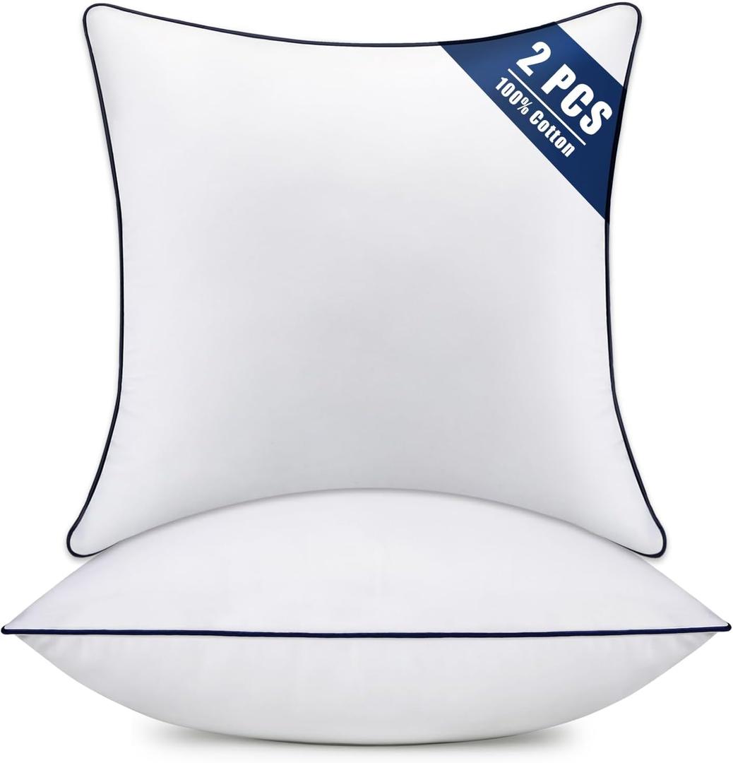 Throw Pillow Inserts Set of 2-Fluffy Square Cushions with 100% Cotton Covers-Decorative White Pillow Fillers for Sofa, Bed, Couch, Living Room, Indoor Hotel Pillows (14x14 Inch (Pack of 2)-Blue Edge)