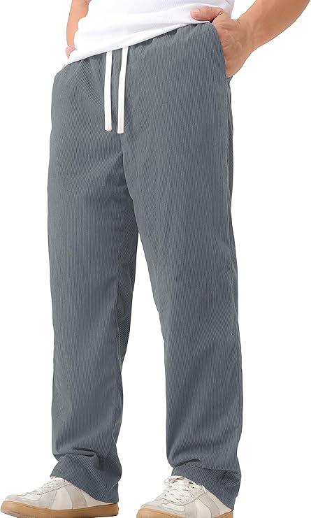 JOTOOK Mens Casual Corduroy Pants Lightweight Elastic Waist Drawstring Pants Straight Baggy Pants with Pockets XX-Large LightGray