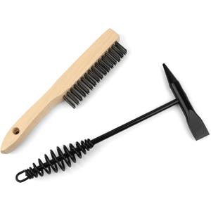 2 Pack Welding Chipping Hammer and Wire Brush Set  11" Hammer with Coil Spring Handle, Cone and Vertical Chisel and 9.8" Stainless Steel Brush for Slag, Spatter, Residue Removal (Wood, Black)