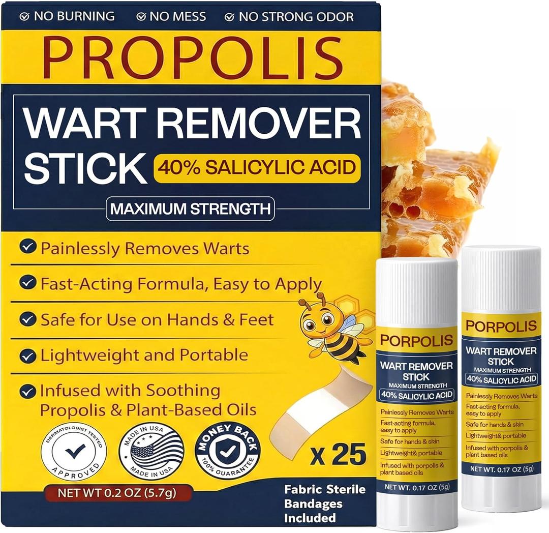 Wart Remover Propolis Infused Wart Removal Stick with 40% Salicylic Acid | Treats Stubborn Warts on Hands, Feet & Body | Painless, Fast Acting, Maximum Strength | Portable & Easy to Apply 10 g