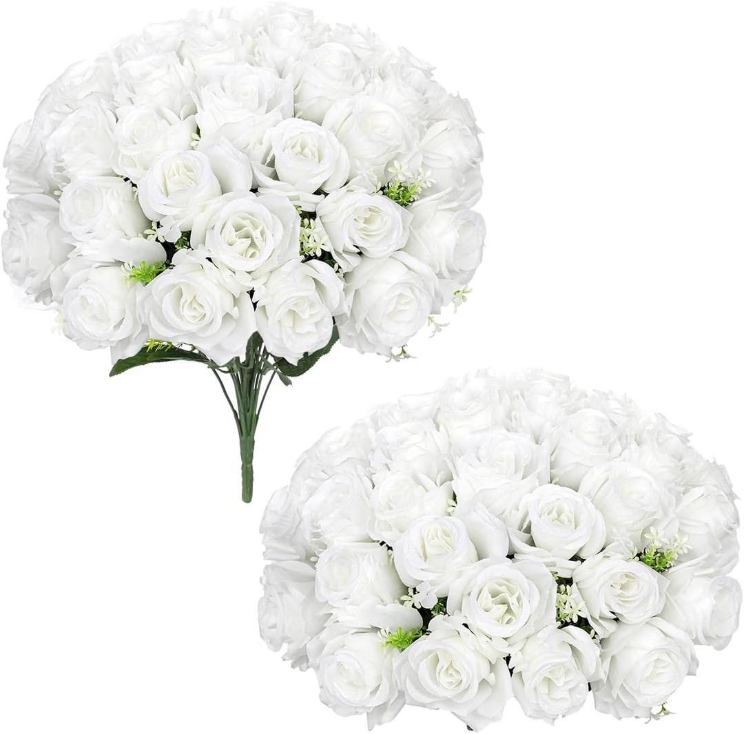 White Roses Artificial Flowers, 2 Pack Rose Fake Flower Bouquets Realistic Faux Silk Flowers for Vase Bridal Bouquet Wedding Centerpieces Arrangements Home Dcor