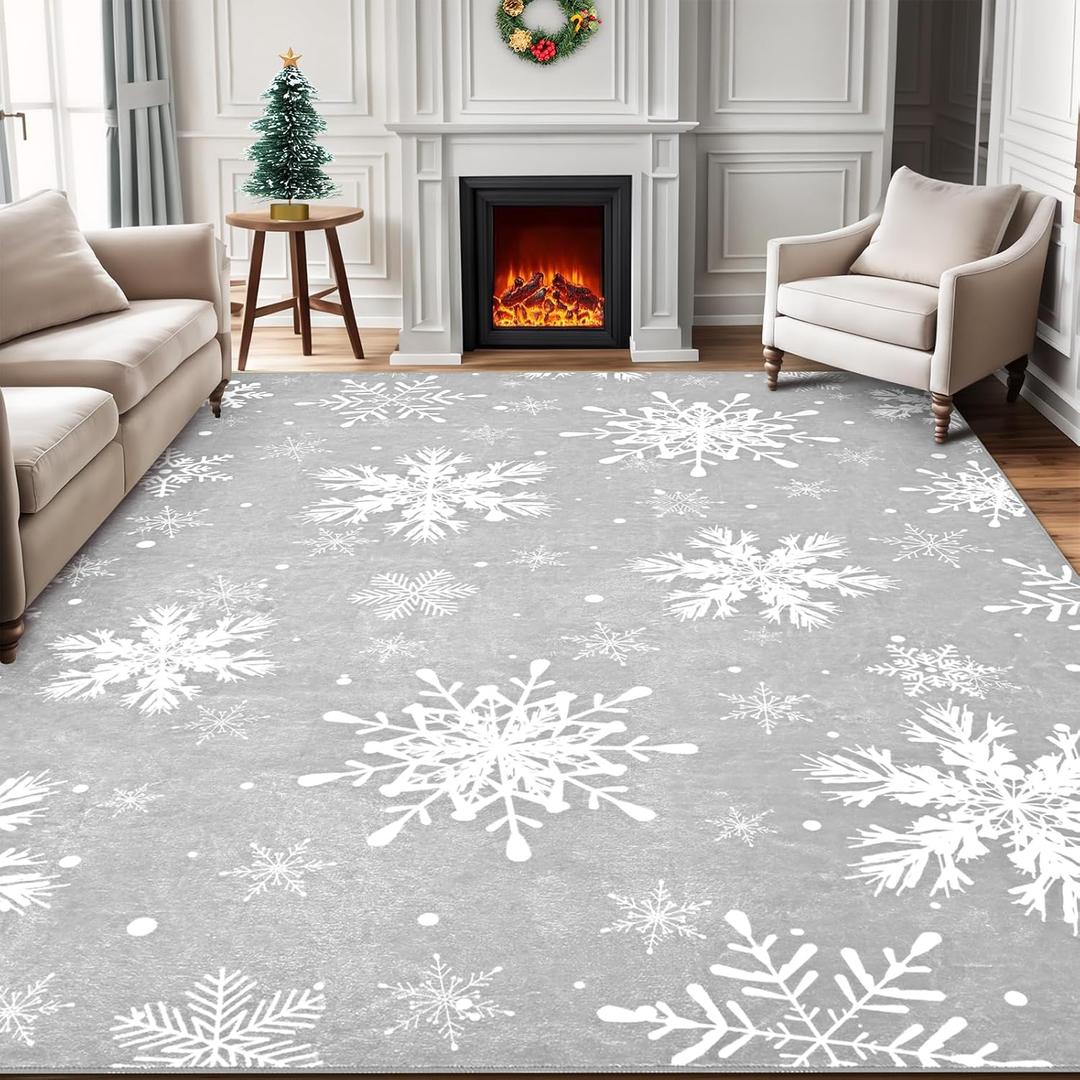 FRAMICS Christmas 5x7 Area Rug, Grey Snowflake Christmas Rugs for Living Room Washable, Bedroom Throw Rugs Non Slip, Soft Low Pile Floor Carpet for Kitchen Dining Room Christmas Decorations