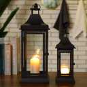 JHY DESIGN Set of 2 13''&19.5''Tall Outdoor Candle Lanterns Vintage Hanging Tower Lantern Metal Candle Holder for Garden Living Room Indoor Outdoor Parties Weddings Balcony(Black)