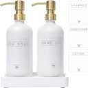 Glass Soap Dispenser for Kitchen with Stainless Steel Pump and Wood Tray, Modern Bathroom Dispenser with Waterproof Labels for Hand, Dish Soap, Lotion(White Bottles+Gold Pumps)