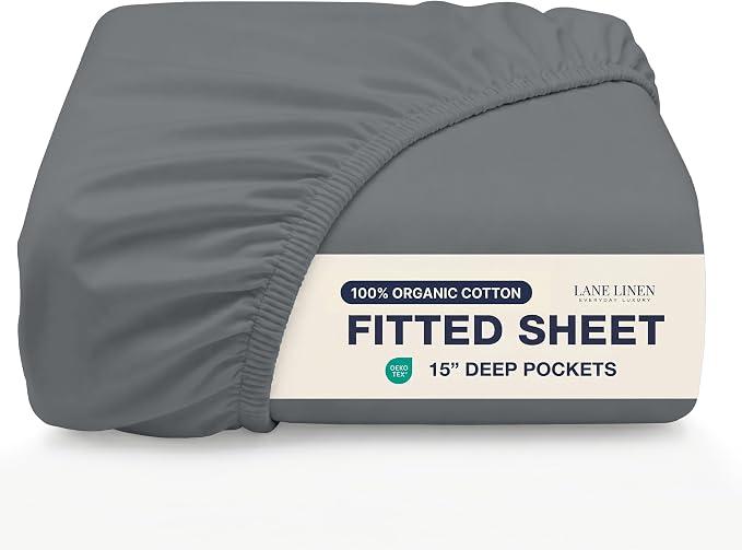 Lane Linen 100% Organic Cotton Fitted Sheet Queen Only, 14 Inch Deep Pocket
Snug, No-Slip Fit That Stays In Place - All-Around Elastic - GOTS Certified & Safe - Airy, Crisp Percale Weave - Charcoal